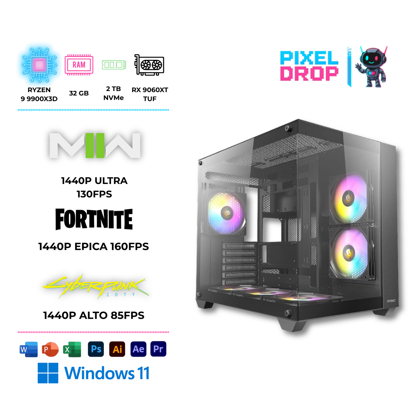PC Gamer Élite – Ryzen 9 9900X3D, RX 9600XT 16GB, 32GB DDR5, 2TB SSD, Watercooling, CX800 ARGB, Windows 11
